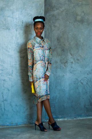 BLUE TILE PRINT SHIRT DRESS